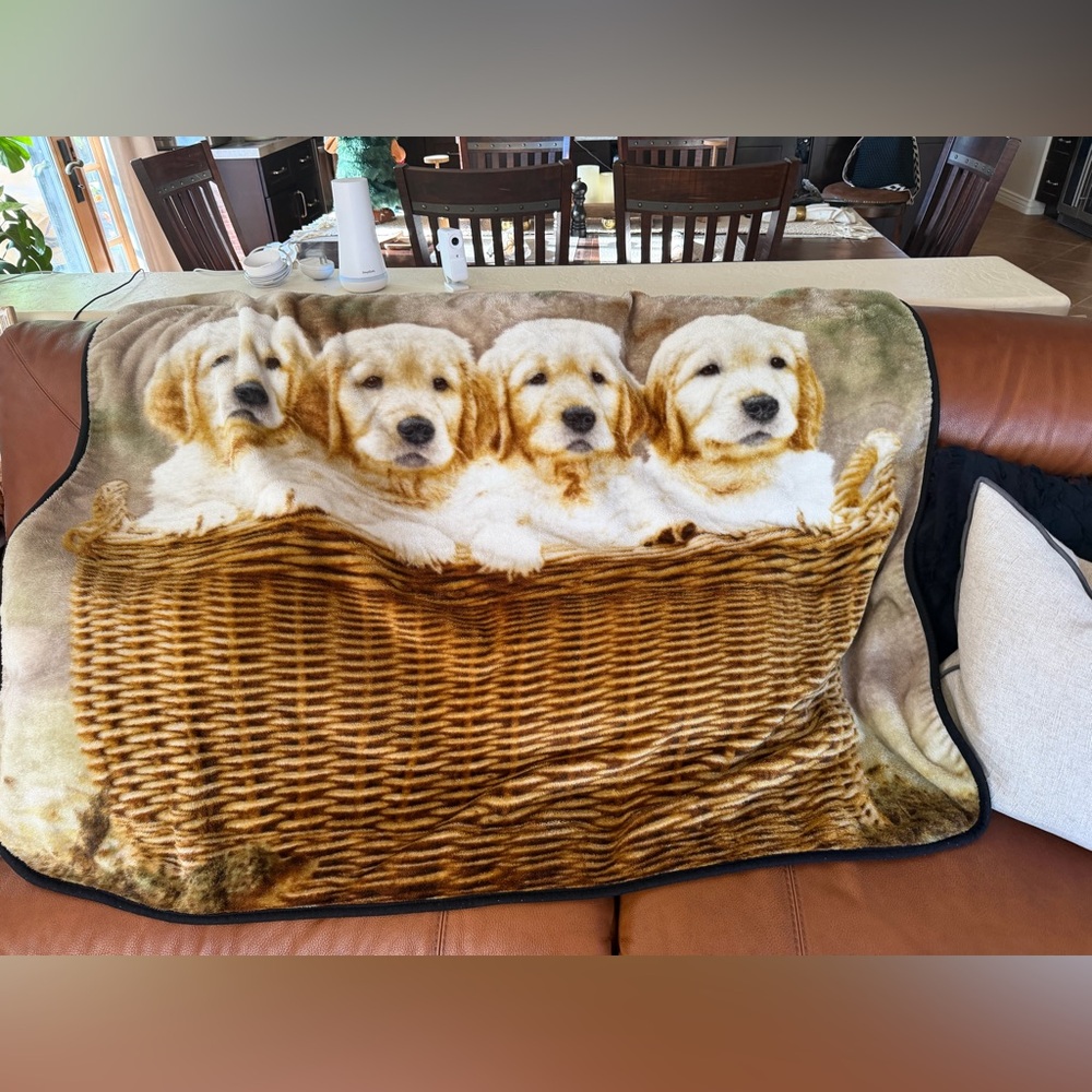 Vintage plush throw blanket golden retrievers pups